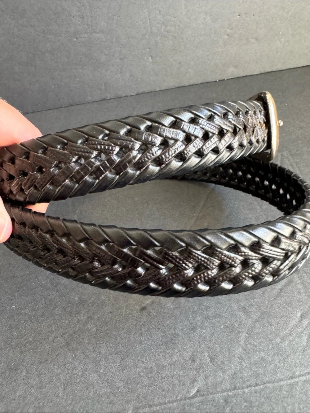 Vintage Black Woven Leather Belt Braided Silver Tone Buckle Unisex Mens 38